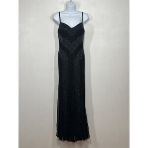 VTG La Femme Paris Fully Beaded Maxi Dress 12 100% Silk Black Sheer Dark Fairy